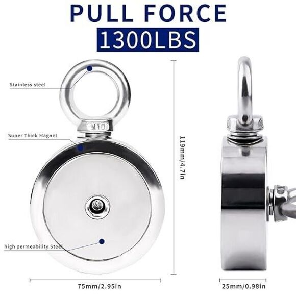 Double Sided Fishing Magnets Kit, Strong 1300Lbs Pulling 2.95" Fishing Magnet - Picture 4 of 5